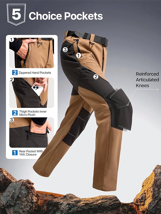 FREE SOLDIER Men's Fleece Lined Outdoor Cargo Hiking Pants Water Repellent Softshell Snow Ski Pants with Zipper Pockets