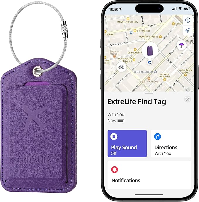 Luggage Tags, Works with Apple Find My, Leather Luggage Tag for Suitcases, Travel Tags, Bag Tag, Suitcase Tag with Privacy Flap, Anti-Lost Smart Luggage Tracker, Travel Essentials, Elegant Purple