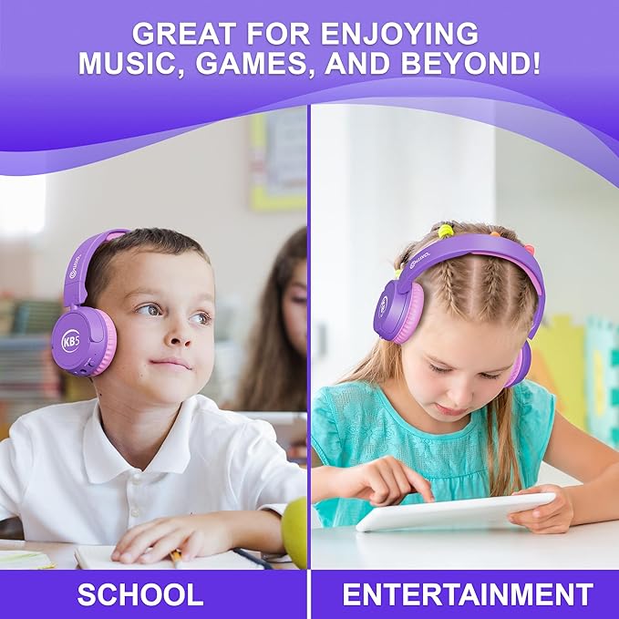 Contixo KB5 Kids Bluetooth Headphones - Wireless Over-Ear Foldable Headphones with Volume Limiter (85dB), Built-in Microphone, Adjustable & Comfortable Design for Boys & Girls - Purple + White