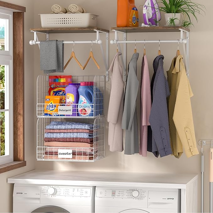 2 Set Laundry Room Shelves Wall Mounted with Wire Storage Baskets, Over Washer and Dryer Shelves with Hanging Rods and Hooks, Wire Shelves for Laundry Organization and Storage, White, Wooden