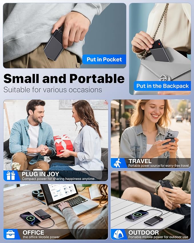 Portable Charger Power Bank, 10000mAh 22.5W PD Fast Charging Powerbank with Built-in USB C Cable, Slim External Phone Battery Pack for iPhone 17/16/15 Samsung S24 Android etc (Grey)