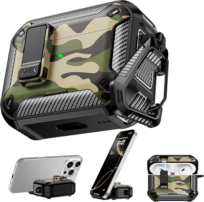 RFUNGUANGO Compatible AirPods Pro 2nd Generation Case with Phone Holder and Compatible Back Magnetic Suction Function, Suitable for AirPods Pro 2 Case, Black+Camouflage
