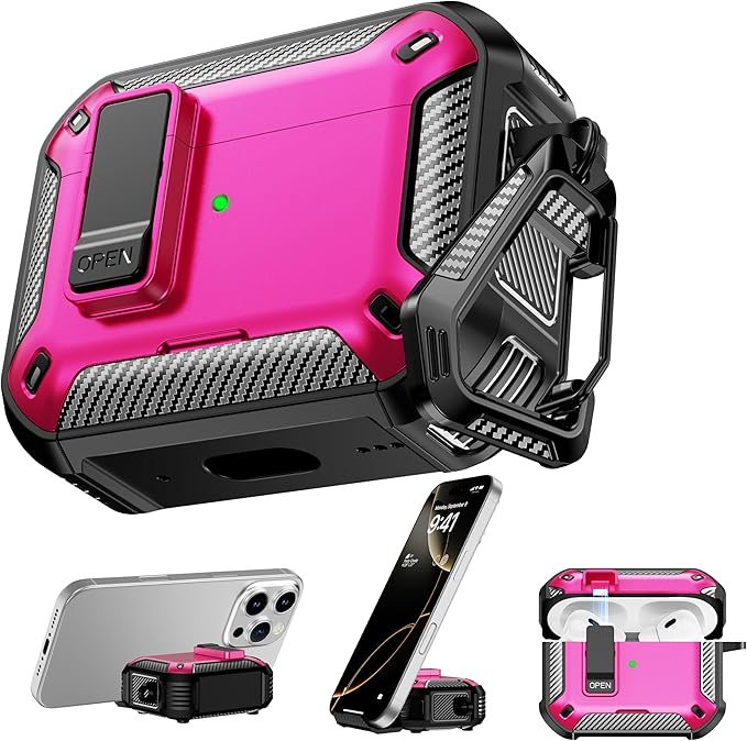 RFUNGUANGO Compatible AirPods Pro 2nd Generation Case with Phone Holder and Compatible Back Magnetic Suction Function, Suitable for AirPods Pro 2 Case, Black + Rose red