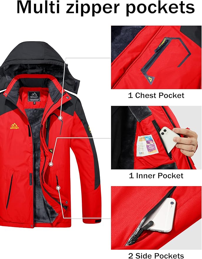 MAGCOMSEN Men's Winter Coats Water Resistant Ski Snow Jacket Warm Fleece Jacket Parka Raincoats With Hood Multi-Pockets