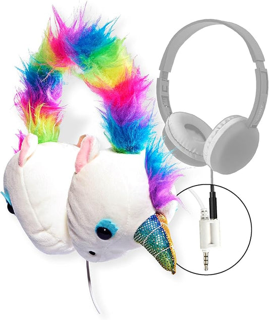 Coby Zooland Wired Plush Kids’ Headphones, Portable Over-Ear Headphones with 3.5mm Jack and Built-in Splitter, Volume Limit at 85 dBs, Built-in Microphone, Adjustable Headband, Unicorn Sparkle