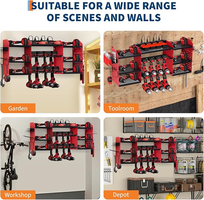 Power Tool Organizer, Drill Holder Wall Mount, Heavy Duty 3-Layer Garage Rack with 8 Outlets, 8 Drill Storage Shelf with Hooks, Battery Storage Rack Charging Station for Tool Shelf