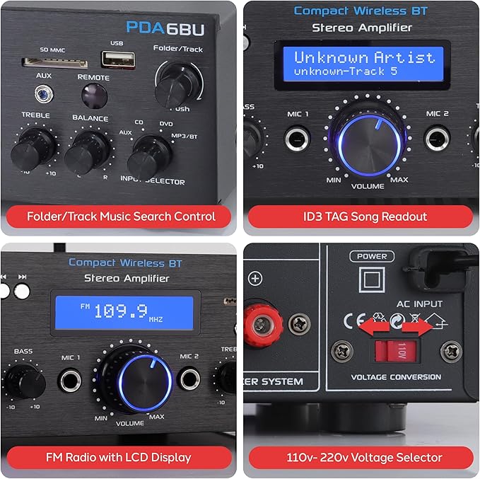 Pyle Wireless Bluetooth Power Amplifier System- 200W Dual Channel Sound Audio Stereo Receiver w/ USB, SD, AUX, MIC in w/ Echo, Radio, LCD, for Home Theater Entertainment via RCA, Studio Use- PDA6BU.7