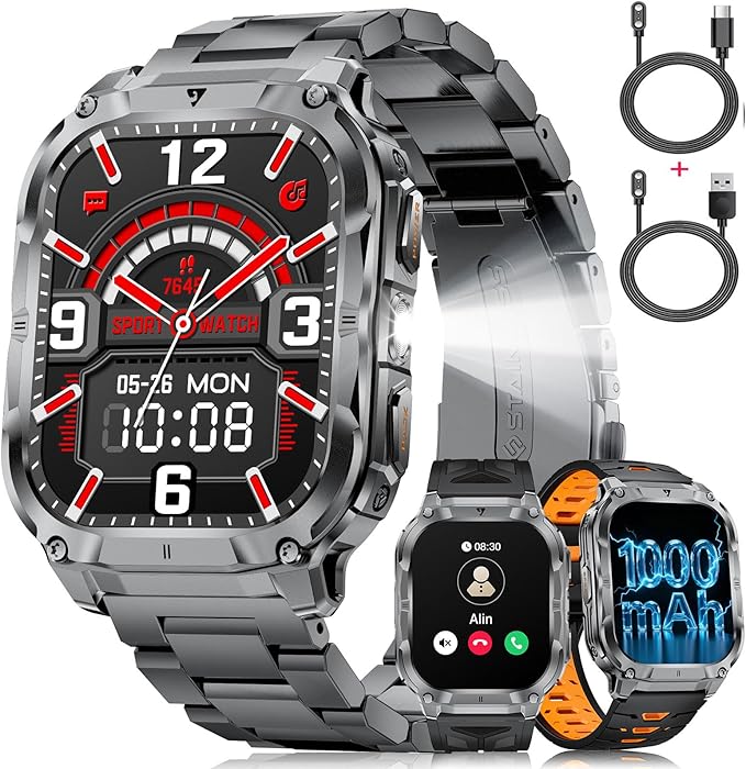 Military Smart Watch for Men(3 Bands),1000mAh/2 HD Large Screen Smartwatch, Flashlight/110+ Sports Modes, Fitness Tracker Watch for Android iOS,Black