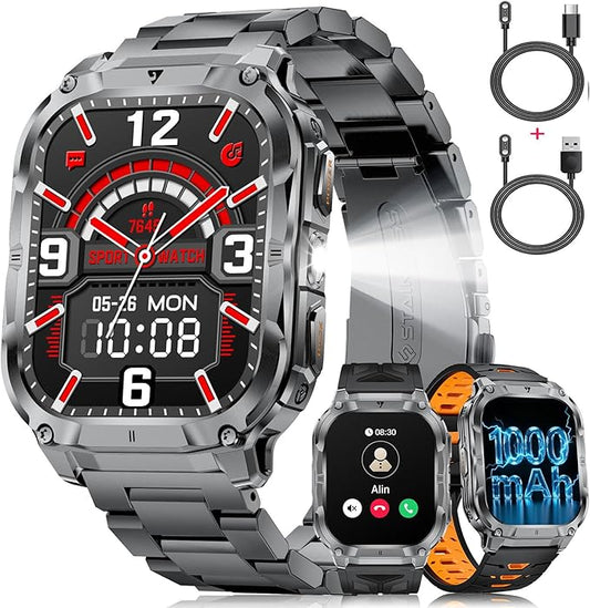 Military Smart Watch for Men(3 Bands),1000mAh/2 HD Large Screen Smartwatch, Flashlight/110+ Sports Modes, Fitness Tracker Watch for Android iOS,Black