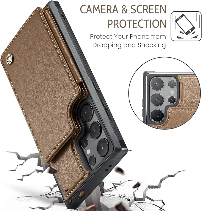 Bemal for Samsung Galaxy S24 Ultra Wallet Case with Card Holder, RFID Blocking, Shockproof Leather Kickstand for Men and Women, Durable Protective Phone Cover for 6.8", Brown