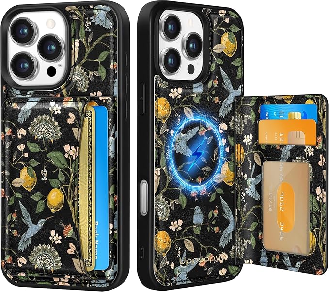 for iPhone 16 Pro Max Case with Wallet - Fits 4 Card Slots, Compatible with MagSafe for Women Aesthetic PU Leather Credit Card Holder Kickstand Phone Cover for Apple 16 Promax, Lemon Bird