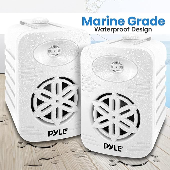 Pyle 4” Outdoor Speakers, 2-Way Bluetooth Waterproof Speaker System with Polymer Tweeter, Heavy-Duty ABS Build, Bluetooth Speakers with Wireless Streaming for Patio, Pool, Deck, or Boat, White, 2-Pack