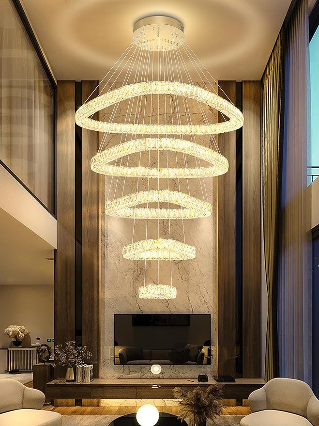 Flashing God H118 Modern Large Chandelier for Foyer 5 Rings Crystal Chandelier Stairway Chandeliers LED Dimmable Crystal Pendant Light for Living Room Entrance Hallway Gold