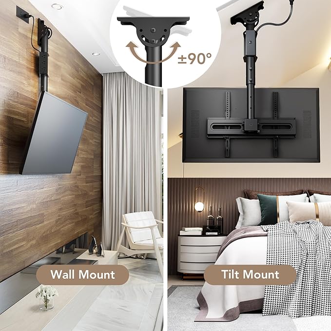 AX WABER Ceiling TV Mount with Power Outlet for 27-65 inch Flat Screen Displays, Max VESA 400x400mm, Hang Adjustable Ceiling TV Bracket Fits Most LCD LED TVs, Pole Ceiling Mount Holds up to 110lbs