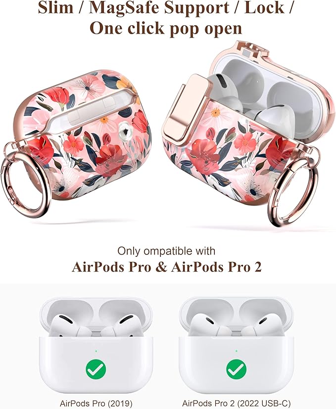 TATOFY for AirPods Pro 2nd Generation Case with Lock Carabiner Cleaner, Slim AirPod Pro 1st & 2nd Hard Case Cover, Compatible with MagSafe (Water Pink)