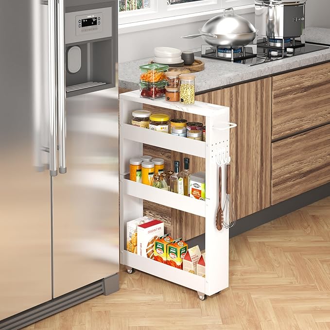 Slim Storage Cart, 4-Tier Kitchen Rolling Cart Narrow Storage Cabinet with Handle & Wheels, Metal Rolling Shelf Unit for Kitchen Bathroom Laundry Small Places(5 in Width/White)