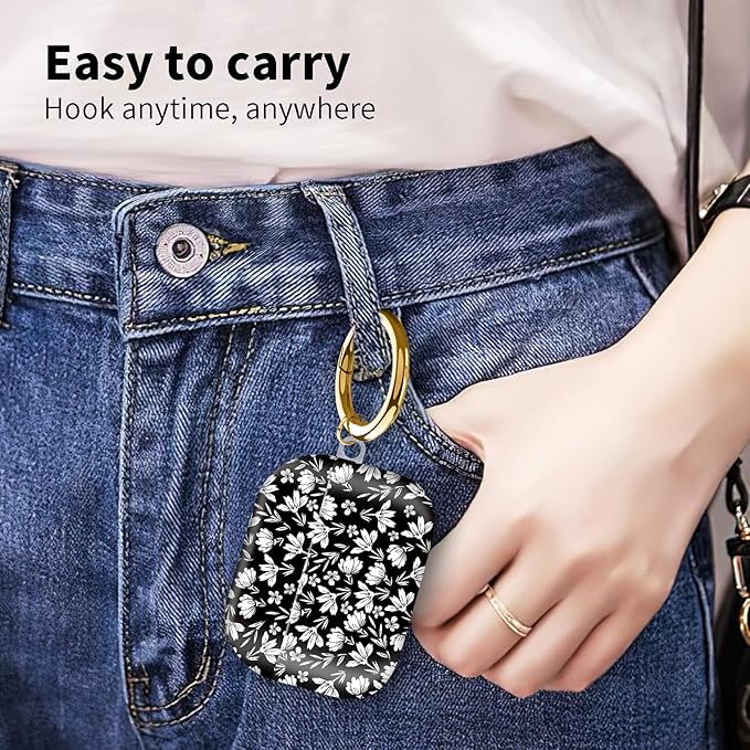 Compatible with Airpod pro 2nd/1st Generation Case Cover with Gold Round Keychain Cute Pattern Hard & Anti Slip Cover for Men Women & Girls（White Flower）