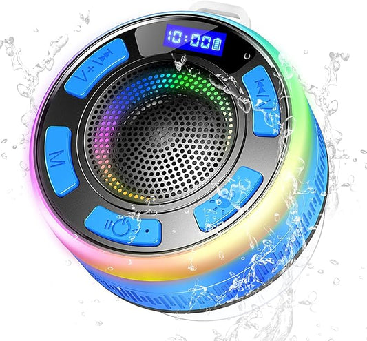 Shower Bluetooth Speaker IPX7 Waterproof, Portable Bluetooth Speakers with Suction Cup and Time Display, Crystal Sound&Bass LED Light 1100mAh, Wireless Shower Speaker for Outdoor/Kayak Dark Blue