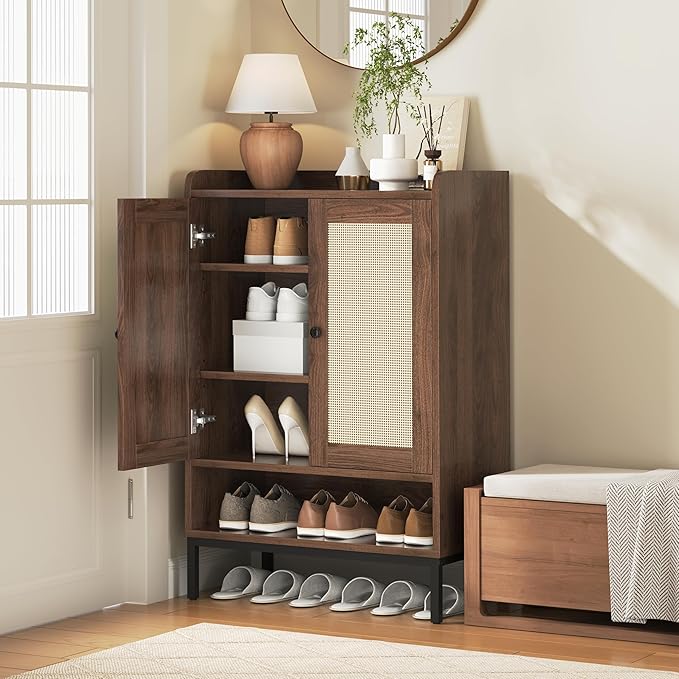 JASIWAY Rattan Shoe Cabinet Storage for Entryway, Shoe Cabinet with Adjustable Shelves for Entryway, 5-Tier, 20 Pair Shoe Rack Storage for Hallway, Closet, Living Room, Brown