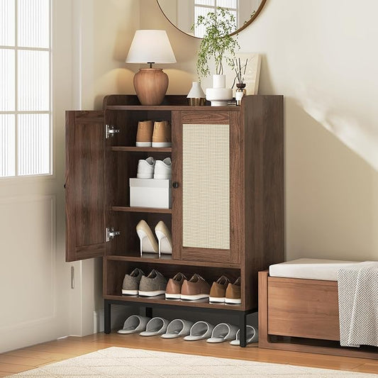 JASIWAY Rattan Shoe Cabinet Storage for Entryway, Shoe Cabinet with Adjustable Shelves for Entryway, 5-Tier, 20 Pair Shoe Rack Storage for Hallway, Closet, Living Room, Brown