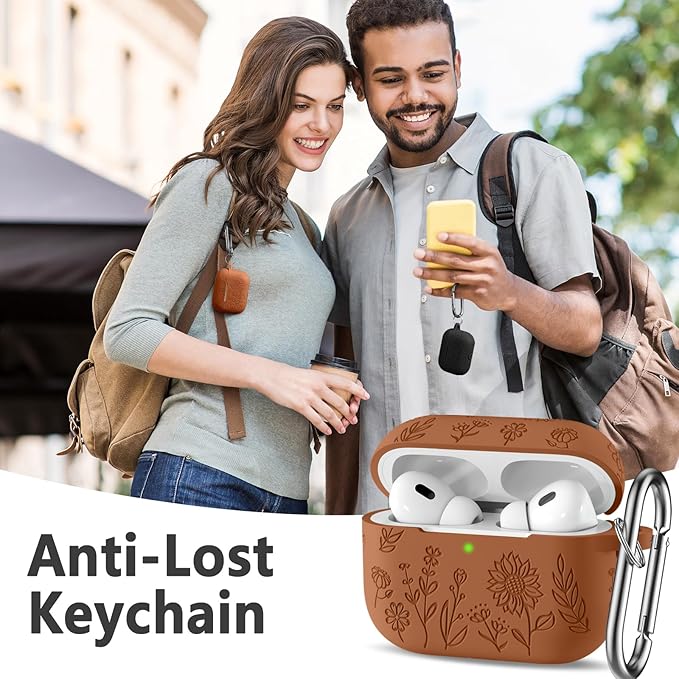 Flower Engraved Case for AirPods Pro 2 Gen with Clean Kit & Keychain, Soft Silicone Protective AirPods Pro Case Cover for Apple AirPods Pro 2nd/1st Generation,Front LED Visible, Reddish Brown
