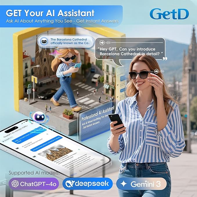 GetD AI Smart Glasses for Men and Women, Low Bridge Fit, 74-Language Real-Time Translator Powered by ChatGPT - Bluetooth 5.4 with 11H Playtime, Polarized Sunglasses for Travel, Driving, Daily Use