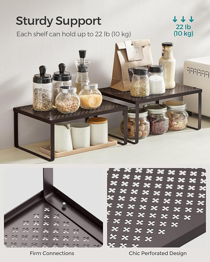 SONGMICS Spice Racks, Set of 4 Metal Cabinet Shelf Organizers, Countertop Organizers, Shelf Risers, Stackable, Expandable, Brown UKCS06BR