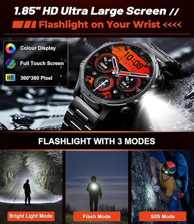 LIGE Smart Watches for Men(Answer/Make Calls) with LED Flashlight, 1.85" HD Screen Outdoor Sports Smartwatch,800mAh Battery,Sleep Monitor Fitness Tracker for Android iOS,Silicone