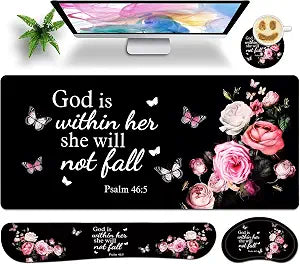 Large Gaming Mouse Pad Set 35.4 x 15.7 with Keyboard Wrist Rest, Wrist Support, and Coaster Memory Foam Smooth Desk Pad Mousepad for Home Office School - Floral Bible