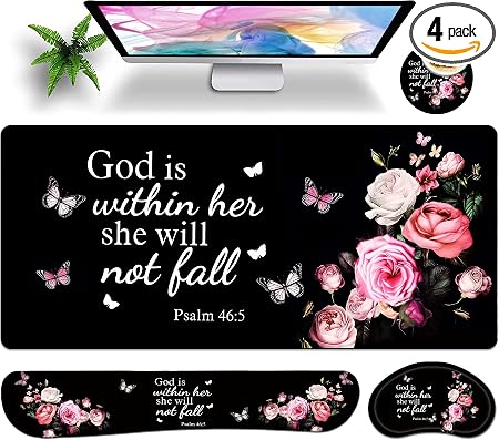 Large Gaming Mouse Pad Set 35.4 x 15.7 with Keyboard Wrist Rest, Wrist Support, and Coaster Memory Foam Smooth Desk Pad Mousepad for Home Office School - Floral Bible