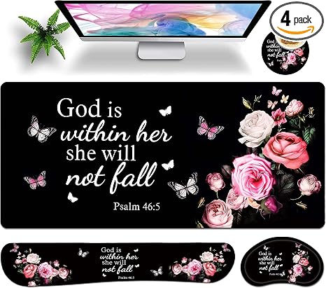 Large Gaming Mouse Pad Set 35.4 x 15.7 with Keyboard Wrist Rest, Wrist Support, and Coaster Memory Foam Smooth Desk Pad Mousepad for Home Office School - Floral Bible