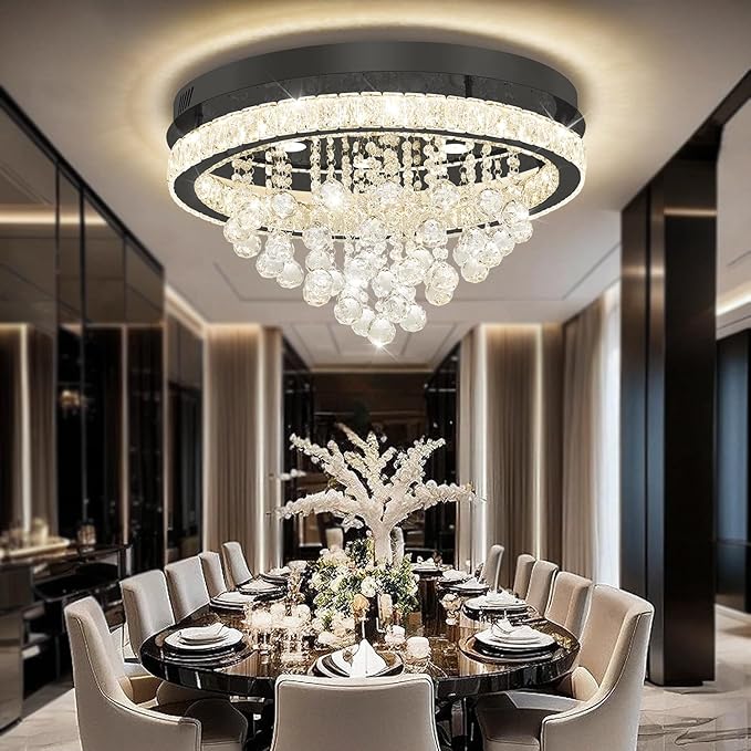 Dia 24" Modern Crystal Chandeliers for Dining Room,Black Raindrop Chandelier Flush Mount Chandeliers for Living Room Bedrooms Dining Room Dimmable 2700k 4500k 6000k