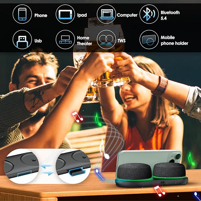Bluetooth Speaker Set with Magnetic Base for Multi Room, TWS Stereo Sound with RGB Lights, 10H Playtime, Dual Bluetooth 5.4 Portable Wireless Speaker for TV,Home Theater, Outdoor, Meeting
