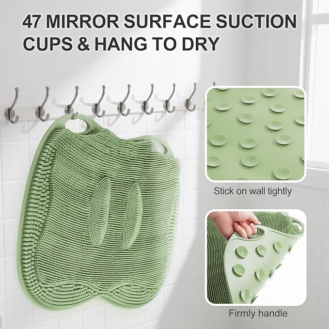 XL Shower Foot Scrubber Mat, Silicone Feet Massage Cleaner Dead Skin Toes Clean Pad without Bending Non-slip Suction Cups -Improve Circulation for Feet Beauty Exfoliate Smooth Achy 17.2*13" Sage Green