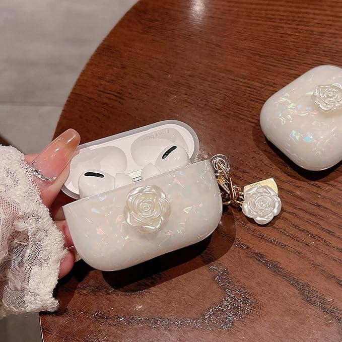 Cute Case for Airpod Pro 2 with Keychain Elegant Flower Luxury Glitter Pearl Marble Protective Cover Compatible with AirPods Pro 2019 2022 2023 Case for Girls Women (White Rose)