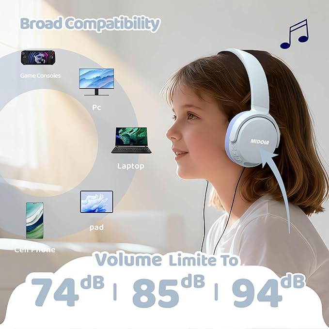MIDOLA Headphones For Kids Bluetooth 5.4 Wireless 68H Play Time Volume Limit 85/94dB Over-Ear Foldable Headset,with Mic Wired Aux for Toddler Child Boy Girl School Pad Tablet Light Silver(Gray)/Purple