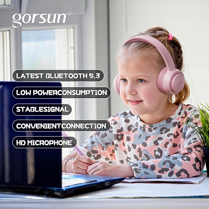 gorsun Kids Bluetooth Headphones, Toddler Headphones 85 dBA Safe Volume, 45 Hours Playtime, with Mic, Bluetooth 5.3, Kids Wireless Headset for iPad/Tablet/Travel/School, ldeal Gift (Pink)