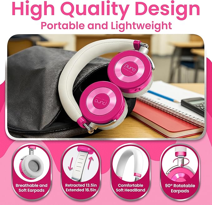 Puro Sound Labs JuniorJam Plus Volume-Limiting Wireless Bluetooth Headphones for Kids, Secure Audio with Adjustable On-Ear Design, 22-Hour Battery Life, Ideal for Tablets, Smartphones & PCs - Pink