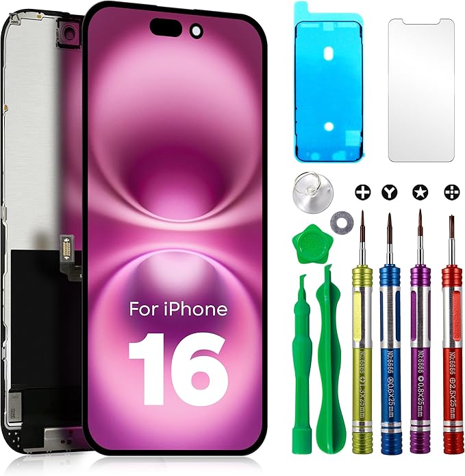 LCD Screen Replacement for iPhone 16 (Model A3287, A3081, A3286, A3288) 6.1 inch Touch Screen Display Digitizer Frame Assembly Repair Kit + Tempered Glass + Adhesive