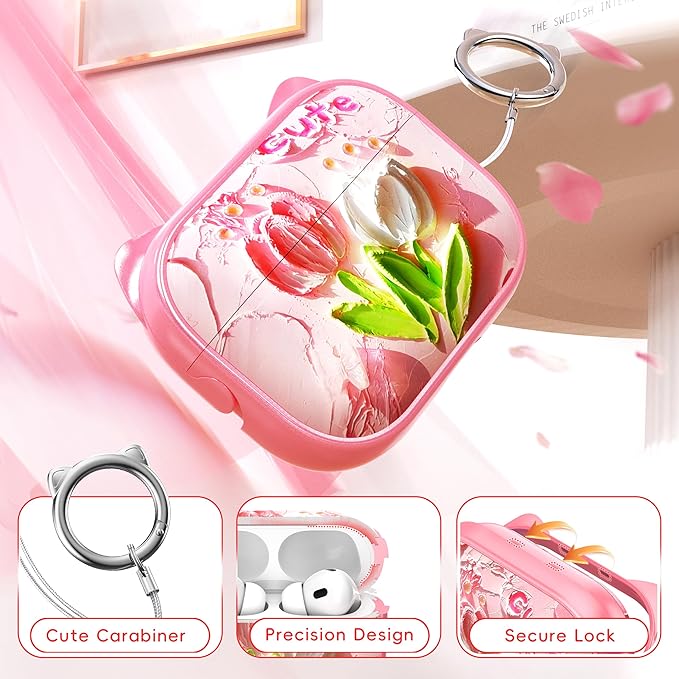 for AirPods Pro 2 Case with Cleaning Kit, Cute Cat Ear Print Design & Cute Buckle for Girls, Phone Holder & Top Safe Lock Buckle Design for AirPods Pro 2nd/1st Gen case, Tulip