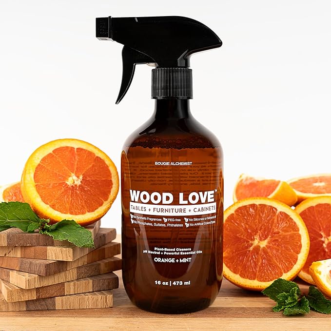 Wood Love® – Wood Furniture Cleaner Spray – Daily Wood Cleaner for Tables, Cabinets & Home Surfaces – 99% Plant-Based, Safe for All Finished Wood – Gentle Light Conditioning – 16oz, Made in USA