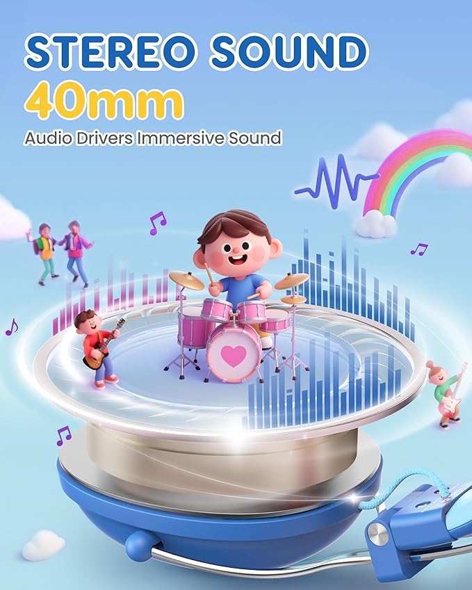 Kids Headphones, 74/85dB Safe Volume Limit, Stereo Sound, Wired On-Ear Headphones for Kids Boys Girls, 3.5mm Jack for Tablet, iPad, Kindle, YOTO Player, Airplane Travel, Blue