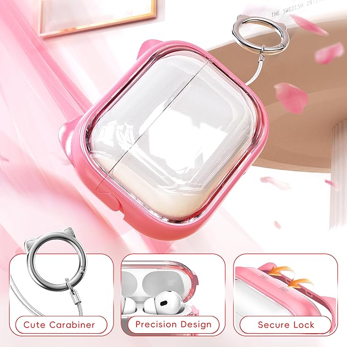for AirPods Pro 2 Case with Cleaning Kit, Cute Cat Ear Print Design & Cute Buckle for Girls, Phone Holder & Top Safe Lock Buckle Design for AirPods Pro 2nd/1st Gen case, Clear Flowers