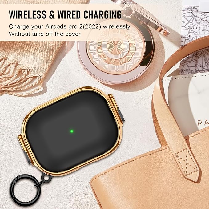 Maxjoy for Cute Airpods Pro 2 case with Safety Lock,Compatible Airpods Pro Case 2nd/1st Gen,Compatible Plating Solid Color AirPods Case Cover for Men Women Girly with Keychain-Black