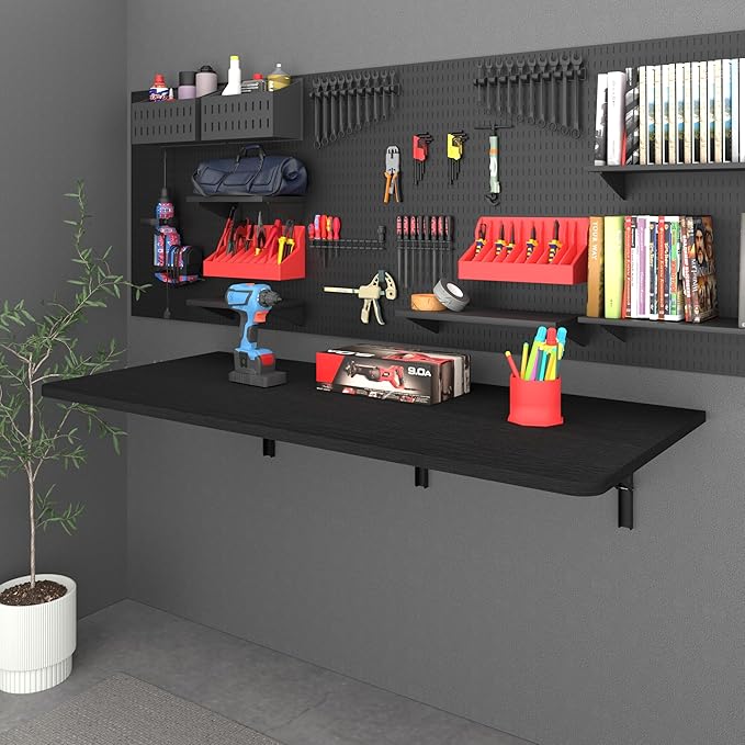 IAE 55" x 22" Floating Foldable Desk,Wall-Mounted Folding Computer Table with Engineered Wood,Study Table with Shelf Brackets,Fold Down Shelf,Fold Computer Desk for Small Spaces,Holds 500 lb,Black