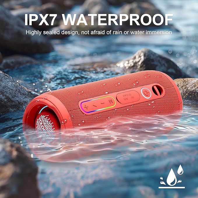 Bluetooth Speaker IPX7 Waterproof, Beach Speaker Waterproof Sandproof with 24W Loud Stereo Sound and Bluetooth 5.3, Enhanced Bass, TWS Pairing, 12 Hours of Playtime for Home/Outdoor (Red)