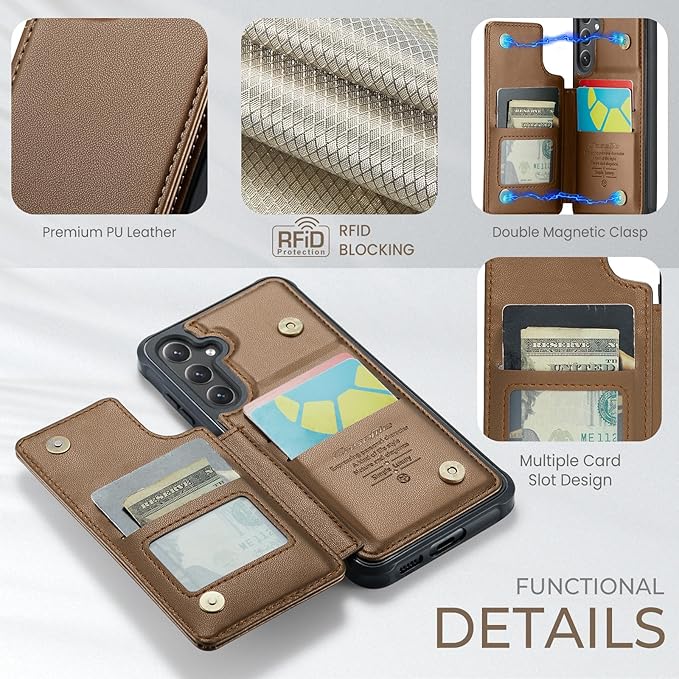 Bemal for Samsung Galaxy S24 Wallet Case with Card Holder, RFID Blocking, Shockproof Leather Kickstand for Men and Women, Durable Protective Phone Cover for 6.2", Brown