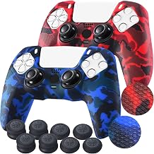 YoRHa Grip Texture Printing Silicone Cover Skin for PS5 Controller x 2(Camouflage Red+Blue) with Pro Thumb Grips x 8 - Image 1