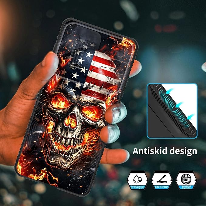 for Galaxy S25 Edge Case Built in Slide Camera Lens Cover,Heavy Duty Shockproof Protection Dual Layer Case for Samsung Galaxy S25 Edge 2025,American Flag Flame Skull