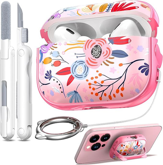 RFUNGUANGO is Compatible with AirPods Pro 3 Protective case, with Mobile Phone Holder Function, Multiple Colors Available, Suitable for AirPods Pro 3 Protective case,Pink + White Flowers
